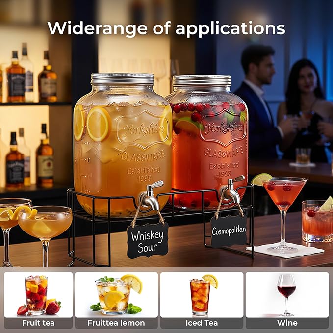 DD&HAPP 2 Gallon Glass Drinks For Parties With Stand.Stainless Steel Spigots & Metal Stand,Large Capacity Beverage Dispenser for Party,Infused Water,Iced Tea,Lemonade,Outdoor,Commercial Use.