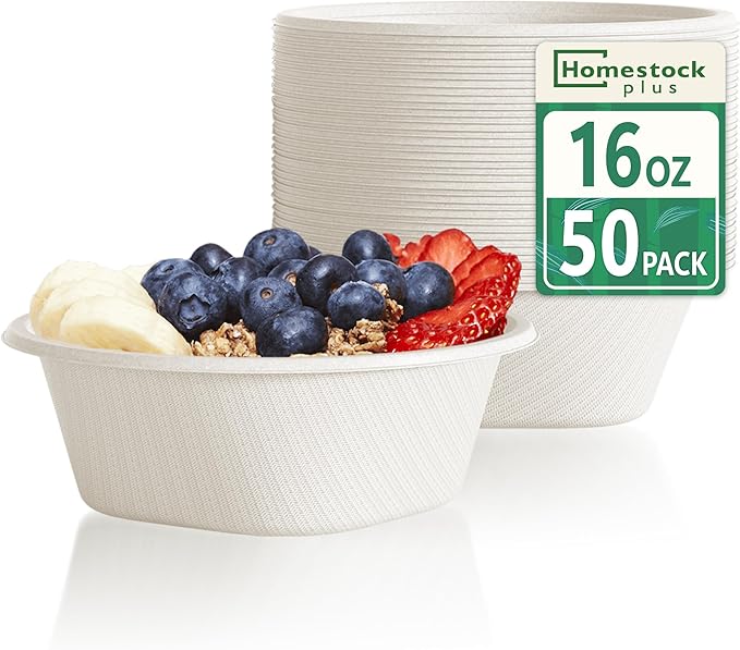 Homestockplus Disposable Bowls 16 Oz [50 Pack] - Heavy Duty Paper Bowls, Sugarcane Fiber Compostable Bowls for Ice Cream, Snacks, Desserts, Microwave Safe BPA-Free Eco Dinnerware (White)