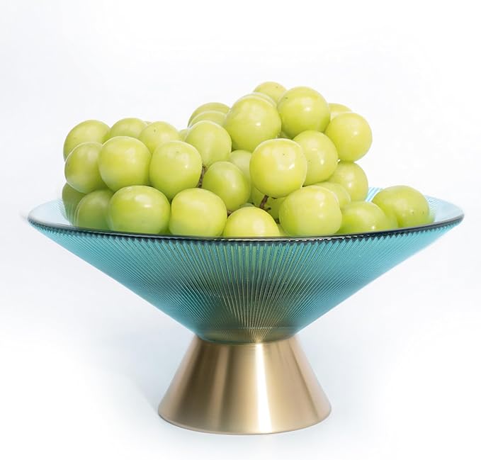Tapered Glass Decorative Bowl (Blue), 9.8 Inches Handblown Striped Design Fruit Bowl with Rust-Resistant Metal Base for Home Decor, Table Centerpiece, Kitchen Island and Dining Decor