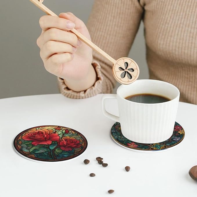 Rose Coasters for Drinks with Holder Round Leather Coasters Set of 6 Cups Mugs Mat Pad for Home Kitchen Bar