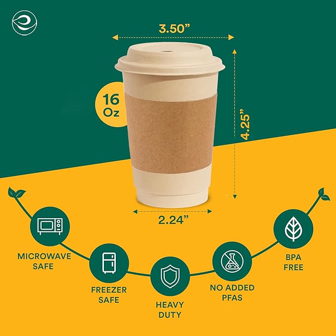 ECO SOUL 100 Pack 12 oz Disposable Coffee Cups with Lids & Sleeves Eco-Friendly, Biodegradable, Compostable, Leak-free & Sturdy To Go Hot Drink Cup for Tea, Chocolate Party Travel Cafe Office & Home