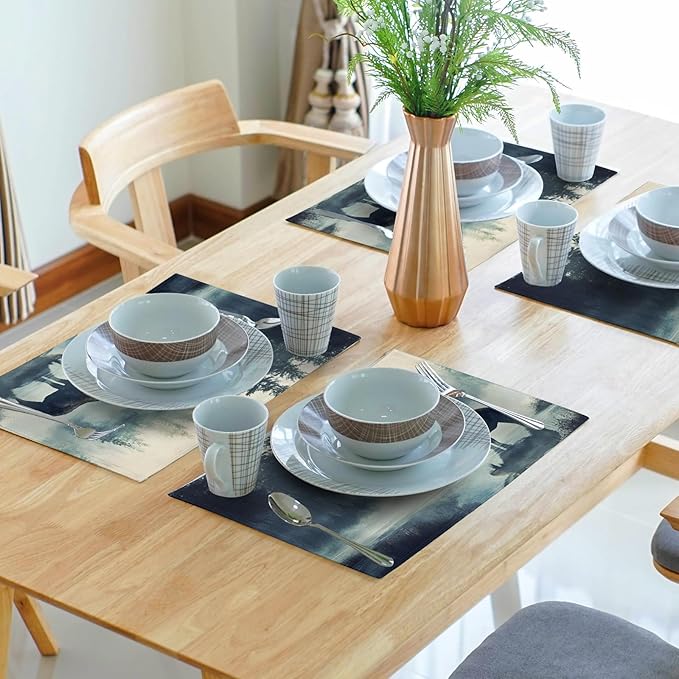 Fall Placemats Set of 4 - Moose Place Mat 12x18 Inch Autumn Forest Placemats Wildlife Table Mat for Party Kitchen