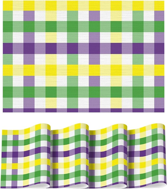 Artoid Mode Buffalo Plaid Vinyl Placemats Set of 4, 12x18 Inch Washable Non-Slip Heat Resistant Plastic Place Mats for Party Dining Table, Purple/Yellow