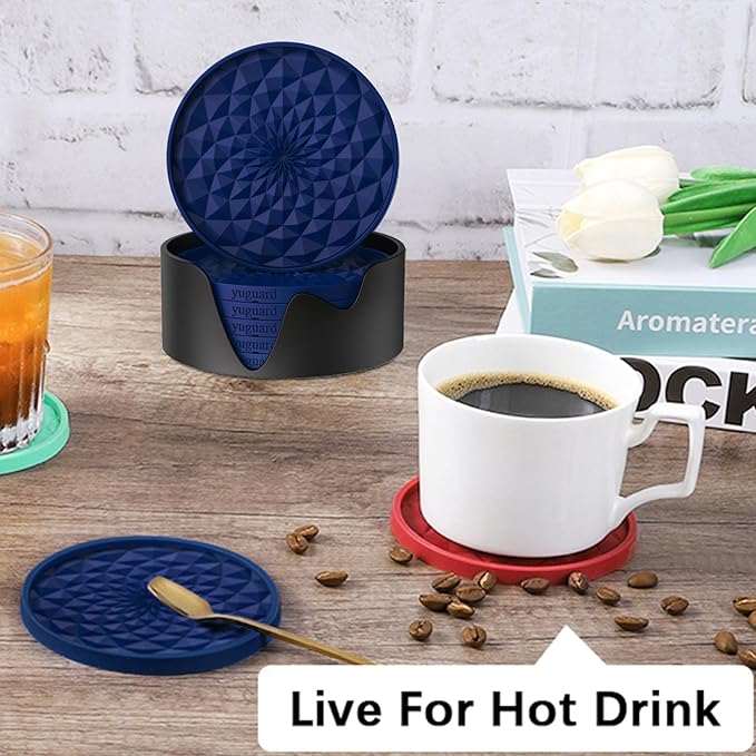 Cup Coasters Set of 6 with Holders Drink Coasters, Table Cup Mat, for Hot or Cold Drinks Thickened, Non-Slip, Non-Stick, Deep Tray Blue