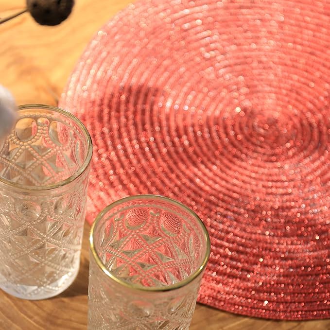 AHHFSMEI Round Braided Placemats 15 Inch Round Table Mats for Dining Tables Natural Woven Heat Resistant Place mats Set of 6 (Red Shine)