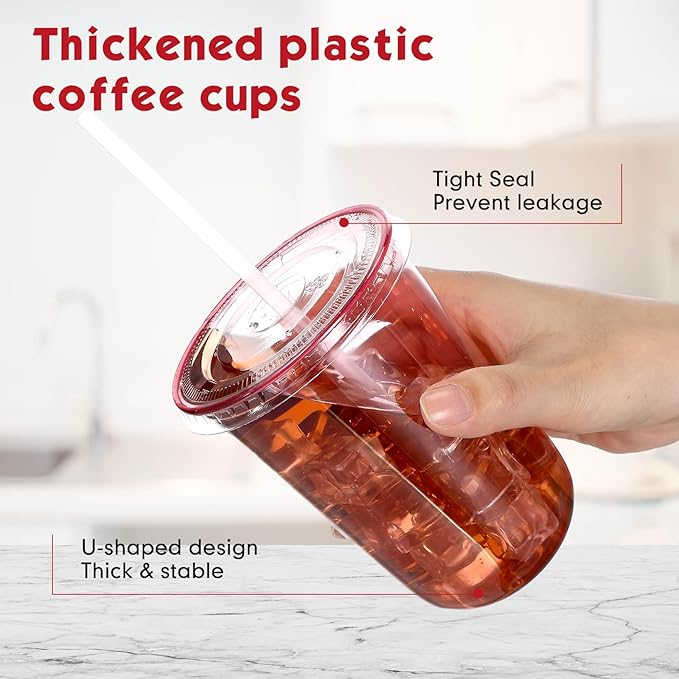 50 Sets Clear Plastic Cups with Lids and Straws, Disposable Iced Coffee Cups Drinking PET for Cold Drinks, Juice, Smoothie, Coffee Shops, Party, Christmas(Pink,16 oz)