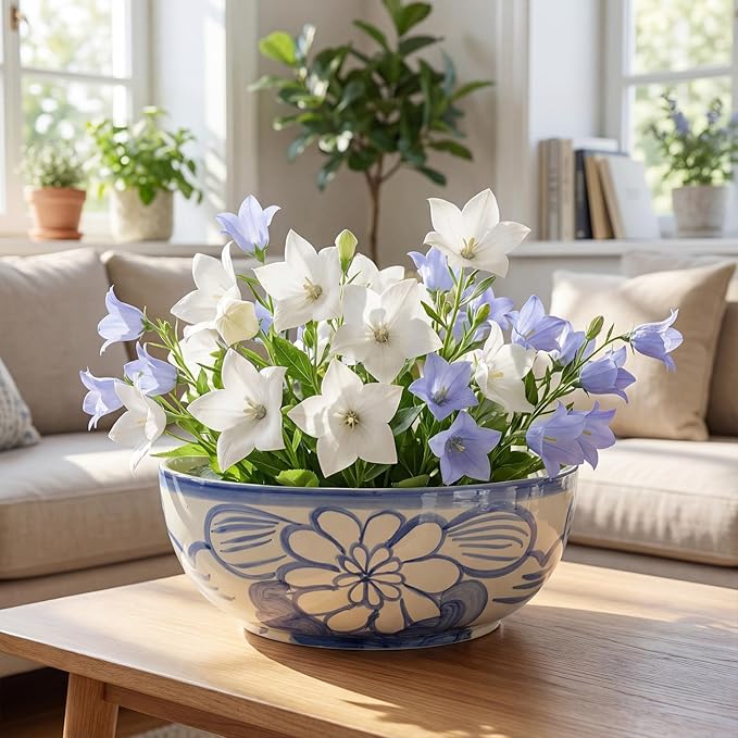 LemonRoad Large Blue and White Bowl Hand Painted Stoneware Decorative Bowls 16" x 7.7'' Floral Chinoiserie Ceramic Planter XL Pottery Porcelain Rice Bowl for Cereal Fruit Serving Kitchen Centerpiece