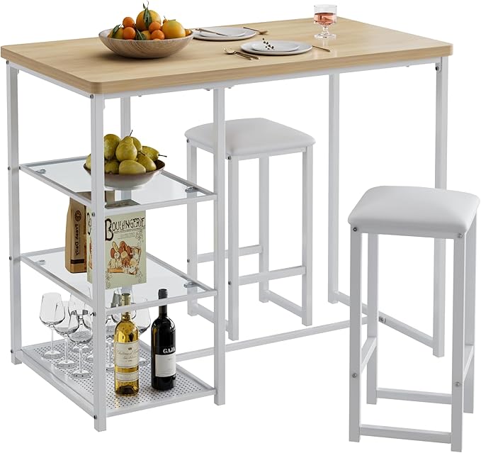 VECELO Small Bar Table and Chairs Set for 2, Upholstered Stools & Glass Storage Shelves, for Kitchen Dining Breakfast Nook, Space-Saving, Natural & White