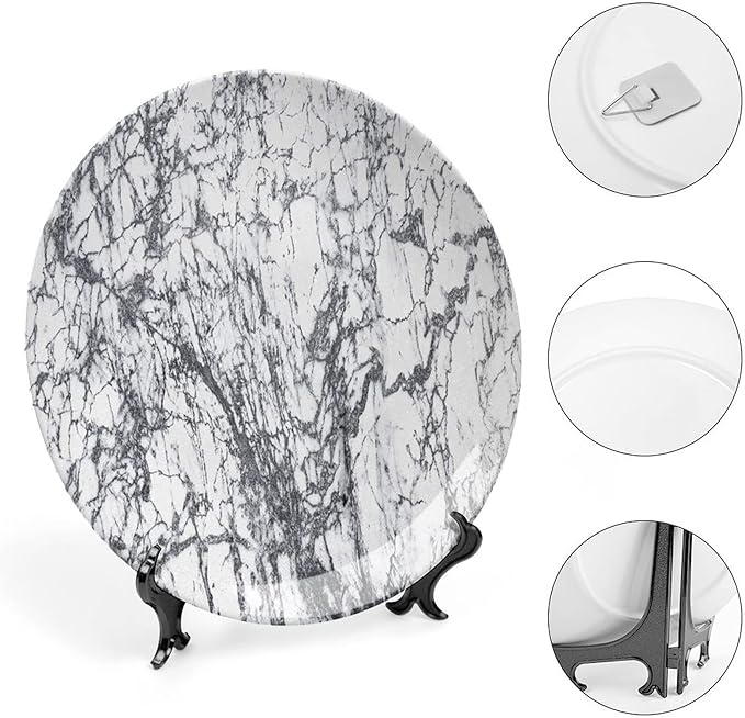 Decorative Plates, Abstract Print Ornament, Murky Marble Rock Motifs Dynamic Fractal, 8 Inch, Kitchen Wall Decor, Grey White