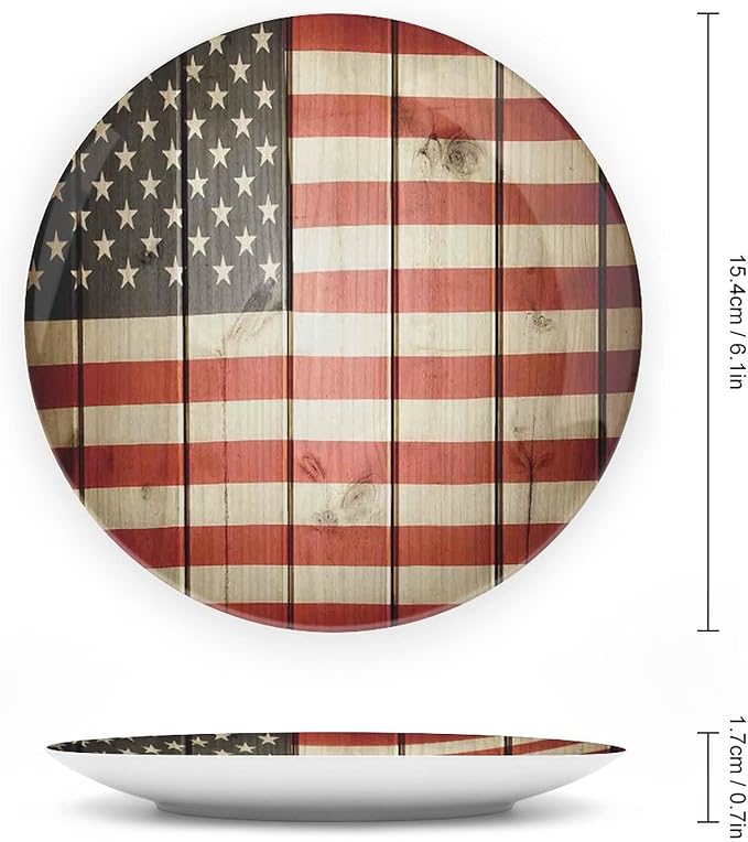 Decorative Plates, American Flag Decor Print Ornament, USA Flag Over Vertical Striped Wooden Board, 7 Inch, 1 Plate with 1 Display Stand, Blue Red