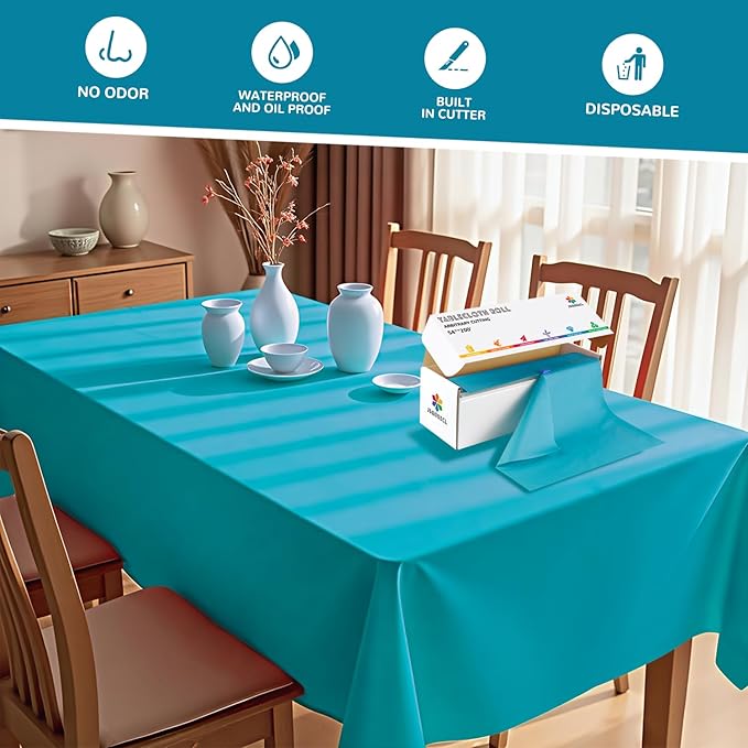 54 Inch X 200 Feet Plastic Table Cover Roll with Convenient Slide Cutter, Disposable Plastic Table Cloth Roll with Cut-to-Size Design for Weddings, Banquets, Parties (Turquoise)