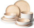 18PCS Bamboo Swirl Melamine Plastic Dinnerware Sets for 6, Plates and Bowls Sets (Light Bamboo)