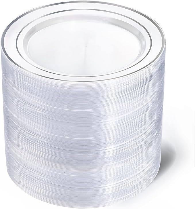 I00000 100Pcs Clear Silver Plastic Plates,Silver Rim Plates 7 Inch,Heavy Duty Premium Clear Dish for Wedding Party Supplies for Salad Dessert Cake