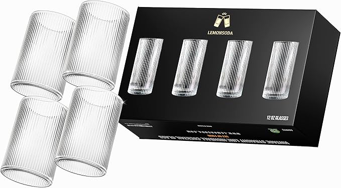 LEMONSODA Vintage Straight Line Highball Cocktail Drinking Glasses and Tumblers 10oz, 12oz (12 oz, Set of 4) [2072]