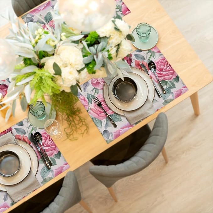 Pink Rose Placemats Set of 4, Washable Elegant Vintage Placemats, Non-Slip Table Rectangle Linen Place Mats for Kitchen Dining Party Farmhouse Home Indoor Table Decor