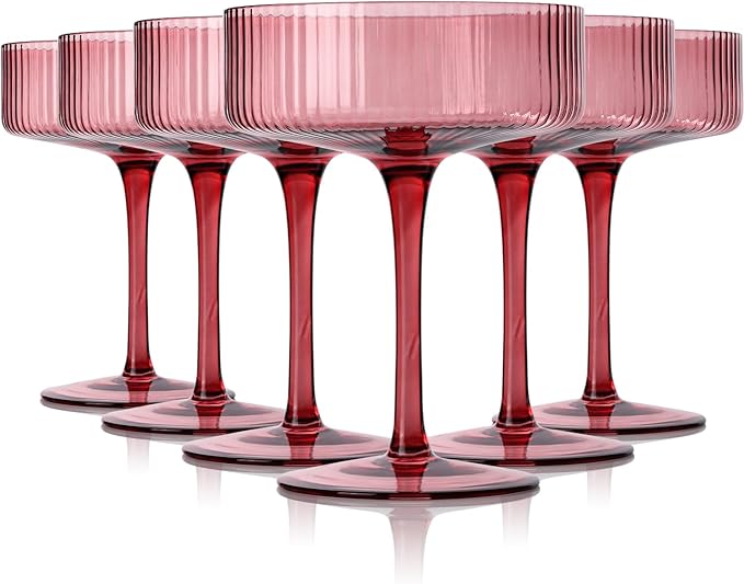 9 oz rose red Vintage Art Deco Coupe Glasses Set of 6 Ribbed martini Glasses |Vintage Cocktail Glasses Set,Unique Colored Coupe Glass