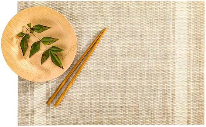 Restaurantware French Countryside 16 x 12 Inch Dining Table Placemats Set Of 6 Heat-Tolerant Kitchen Table Mats - Eggshell Stripe No Stain Khaki Vinyl Woven Rectangle Placemats Easy To Clean