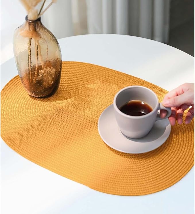 FunWheat Oval Braided Placemats Set of 6 Table Mats for Dining Tables Washable Heat Resistant Place Mats for Indoor Outdoor Use 12 x18 Inch(Oval Pumpkin, 6pcs)