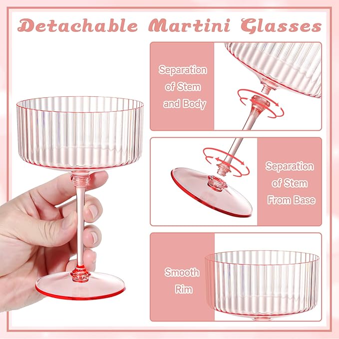 XUWAIDSGN 100 Pcs Champagne Martini Glasses 9 Oz with Gilded Removable Gold Rim Coupe Glasses Pink Martini Glasses Plastic Mimosa Vintage Coupe Glasses Set For Wedding Anniversary (100, Ribbed Pink)