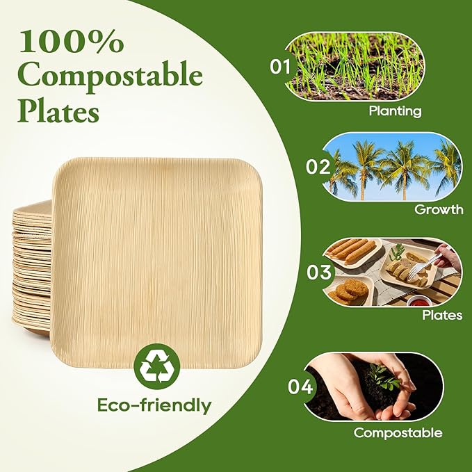 ECOLipak 10 Inch Compostable Palm Leaf Plate Like Bamboo Plate, 50 Pack Disposable Biodegradable Plates Suitable for Party, Dinner