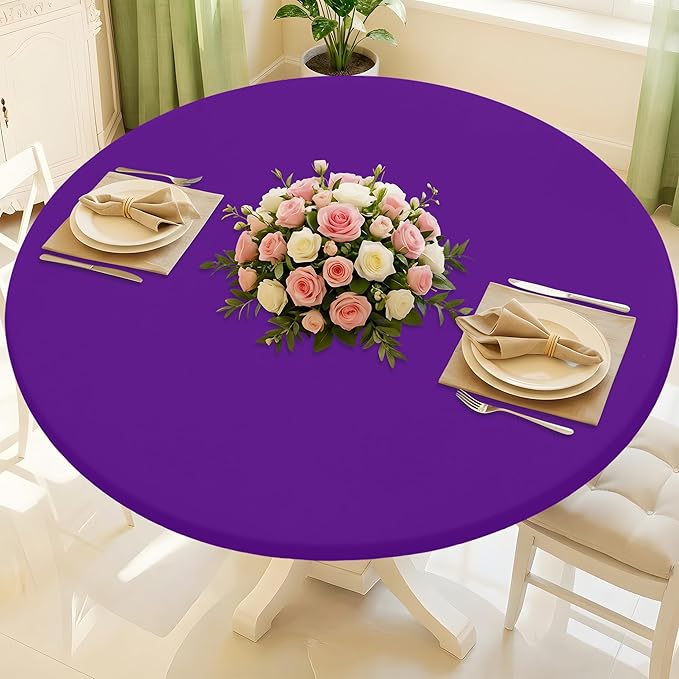 Round Spandex Tablecloth, Elastic Fitted Waterproof Tablecloths for 42"-50" Tables, Stretch Washable Picnic Table Cover for Camping, Dining, Indoor and Outdoor, Purple