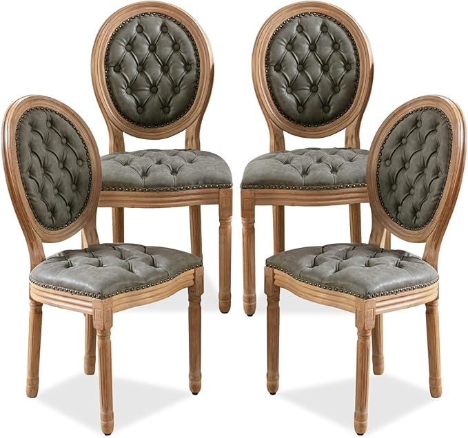 SoarFlash French Dining Chairs Set of 4, Vantage Dining Chair with Round Back, Farmhouse Country PU Leather Dining Chair for Kitchen,Bedroom,Green