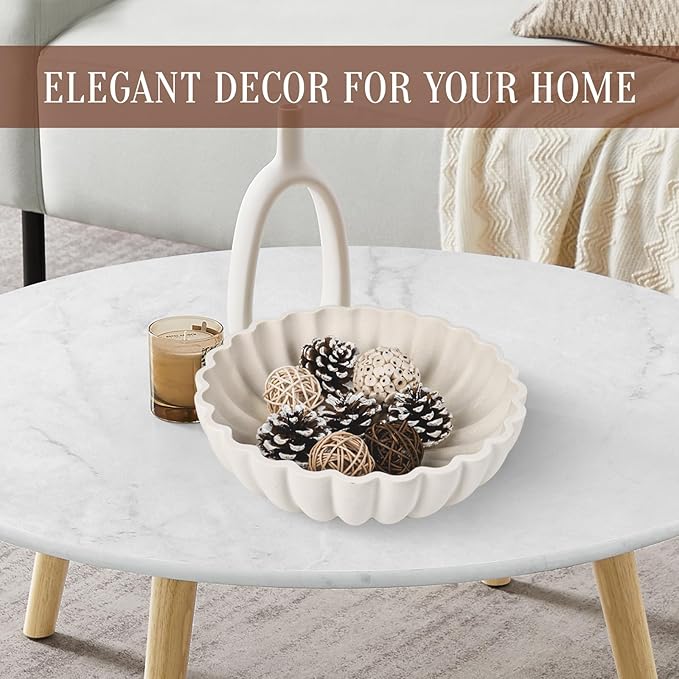 L'ARL GMVOI Large Decorative Bowl - Modern Handicraft Bowls for Home Decor - Fruit Bowl for Kitchen Counter - Key Bowl for Entryway Table - Ruffle Centerpiece Bowl Decor,Artificial Stone White