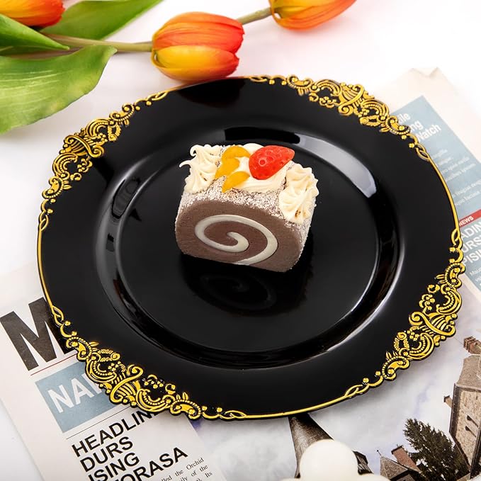 102PCS Black and Gold Plastic Plates - Black Disposable Plates - Heavyweight Disposable Plate with Gold Rim - Fancy Dinner & Dessert Plate for 51 Guests Weddings & Party