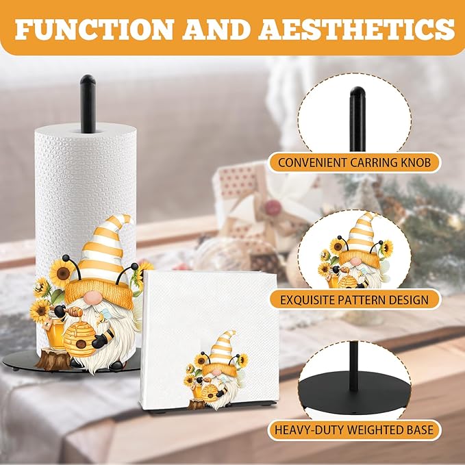Sunflower Gnome Paper Towel Holder, Gnome Honey Bees Countertop Kitchen Decor Indoor with Round Base, Gnomes Lover Gifts, Iron Gnomes Napkin Holder Stand Accessories for Bathroom Kitchen Dining, 2 PCS