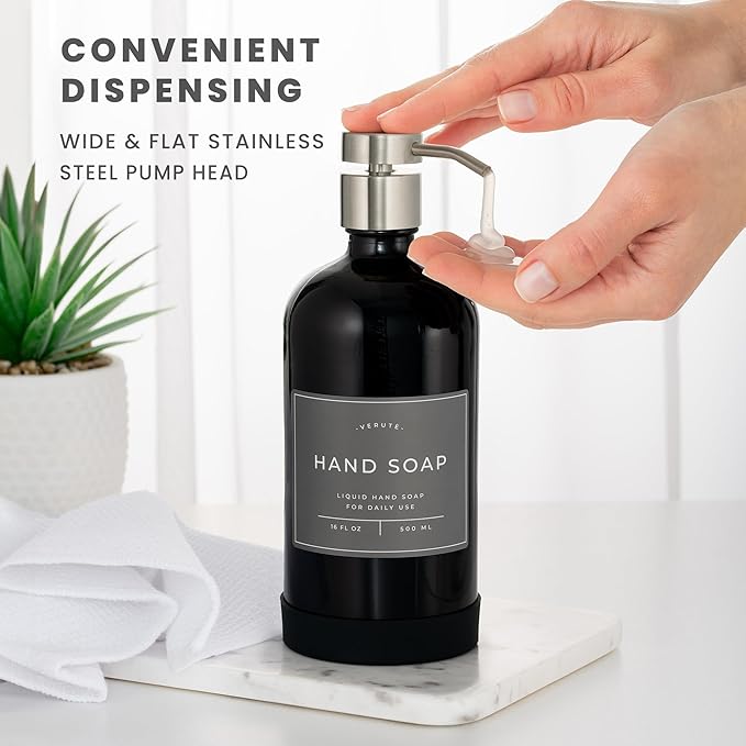 Hand and Dish Soap Dispenser for Kitchen and Bathroom, Set of 2 16 Oz Glass Bottles, Stainless Steel Pumps, Non-Slip Silicone Base, 27 Waterproof Labels (Gloss Black Bottle/Brushed Silver Pump)