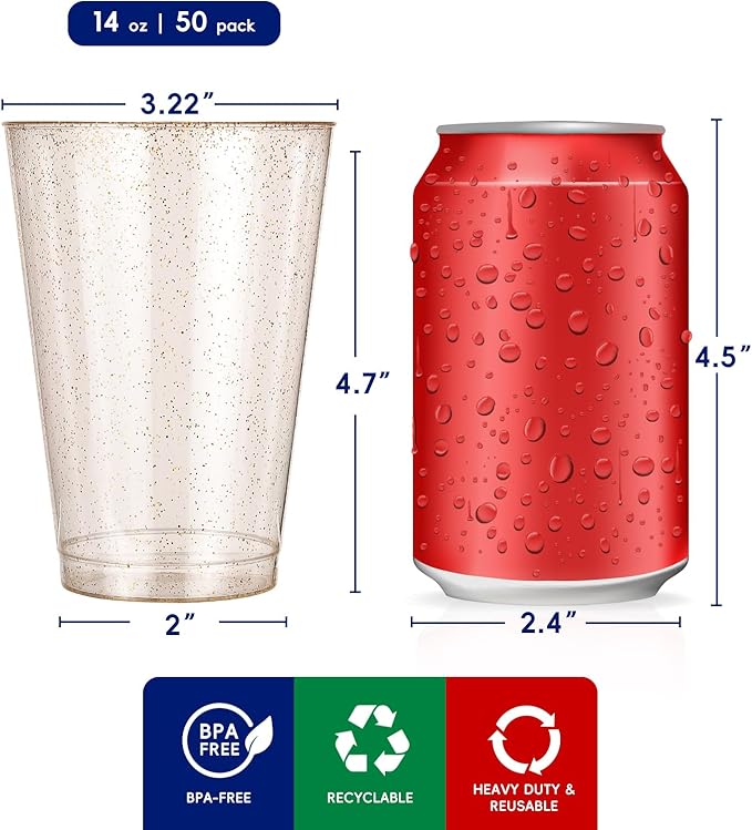 JOLLY CHEF 14 oz 50 Pack Gold Plastic Cups, Disposable Gold Glitter Plastic Cups Tumblers, Ideal for Wedding Halloween, Thanksgiving, Christmas Parties