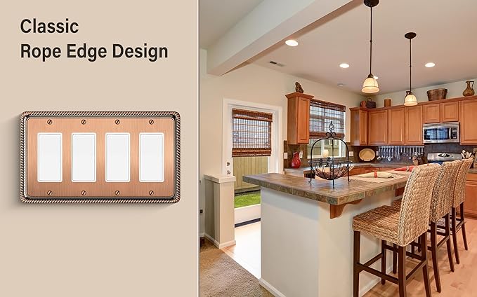 Henne Bery Rope Edge Decorative Wall Plate Switch Plate Outlet Cover (Quad Decorator, Antique Copper)