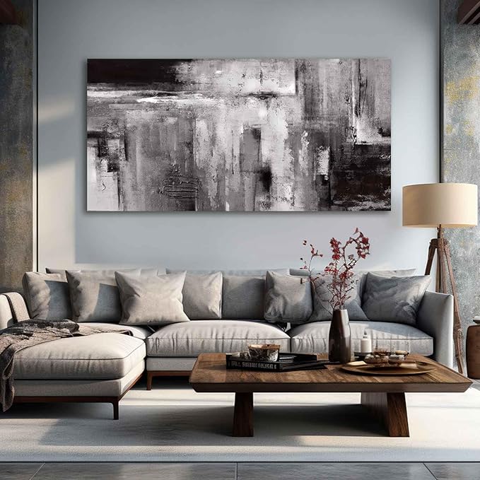 XIANSHOU Black Abstract Wall Art Living Room Decor Painting 29"x 58" White Abstract Graffiti Wall Decorations for Bedroom Kitchen Dining Room Office