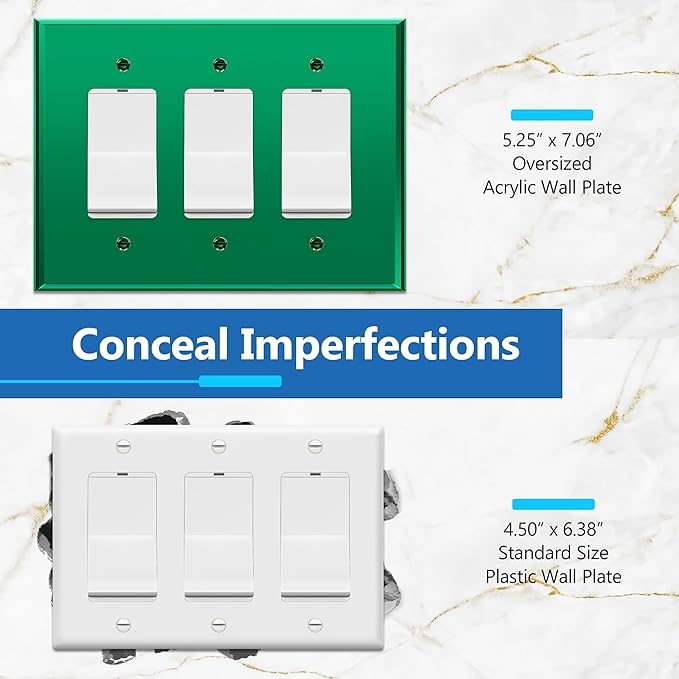 LIDER Reflective Acrylic Decorator Wall Plate, Mirrored Light Switch Plate, Plexiglass Outlet Cover, Acrylic Glass, Oversized 3-Gang 5.25" x 7.06", LWP-33O-AGR, Green