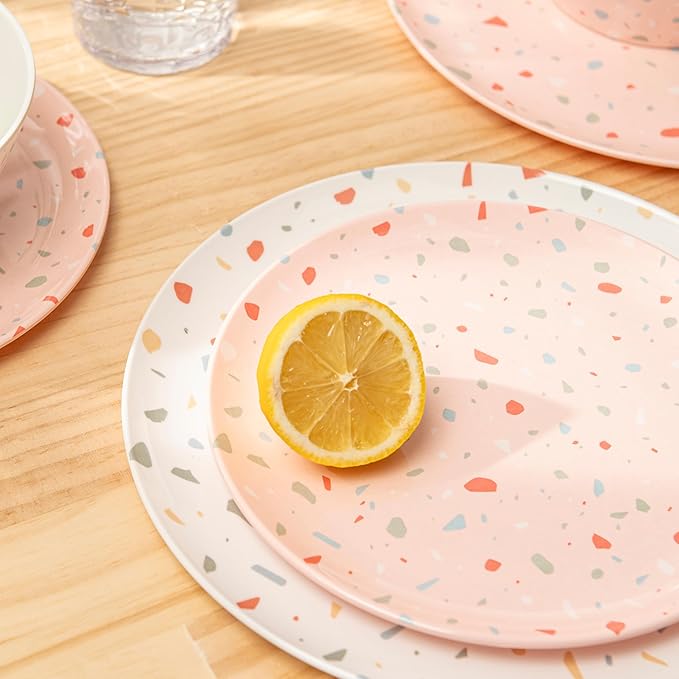 Bzyoo 12-Piece Melamine Dinnerware Set - White Confetti | Lightweight, Durable, BPA-Free | Dishwasher Safe Dish Set for Indoor & Outdoor Use - Perfect for Camping, BBQs, Kids Parties