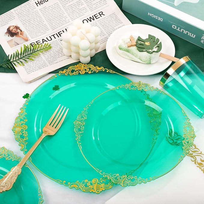Hioasis 350pcs Green and Gold Plastic Plates - Green Party Plates for 50 Guest, Include 100 Heavy-duty Plates(20% Thicker Than Standard), 150 Cutlery Set, 50 Napkin, 50 Cups for St. Patrick's Day