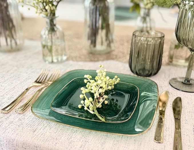" OCCASIONS " 120 Plates Pack,(60 Guests) Premium Wedding Party Disposable Plastic Plates Set -60 x 10'' Dinner + 60 x 7'' Salad/Dessert (Belize Square in Green & Gold)