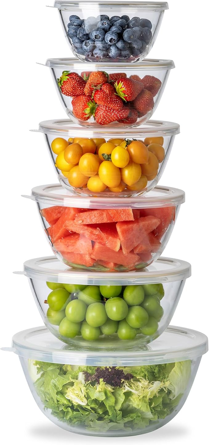 COOK WITH COLOR 12 Pc Glass Mixing Bowl Set with Lids – Borosilicate Glass Nesting Bowls for Cooking, Baking and Meal Prep, Gold Rim