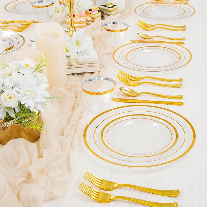 WELLIFE 300 PCS Clear Gold Dinnerware Set for 50 Guests, Clear and Gold Plastic Plates for Party, 50 Dinner Plates, 50 Salad Plates, 50 Cups Forks Knives Spoons for Wedding and Party Supplies