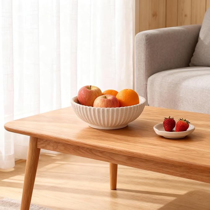 DOVDOV Beige ruffled-edge decorative bowl, large modern fruit bowl, home decor bowl for kitchen counter, coffee table, or entryway table, minimalist key holder and centerpiece fruit bowl.