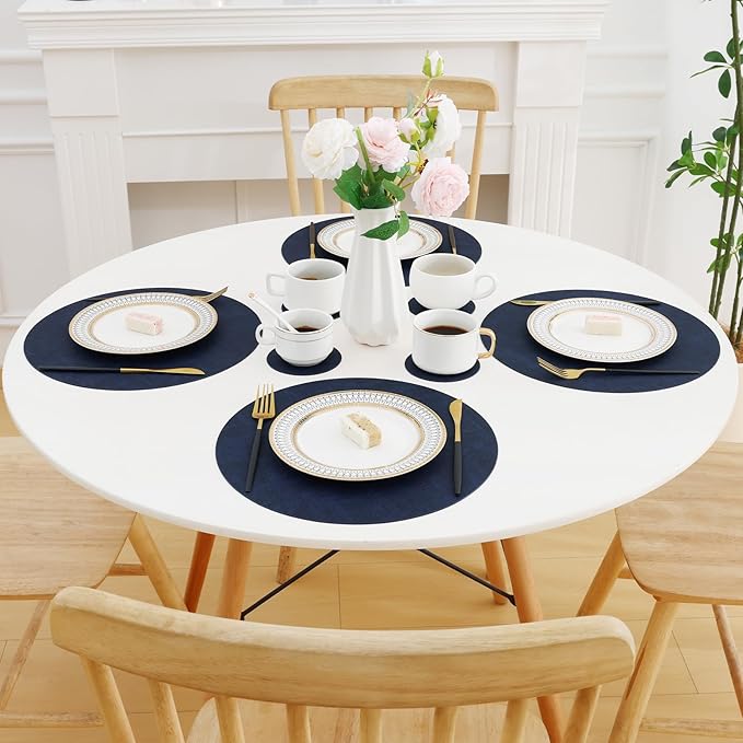 Homaxy Round Faux Leather Placemats and Coasters, Washable Dual-Side Table Mats, Wipeable Heat-Resistant Dining Place Mats for Outdoor and Indoor, Set of 12, Diameter 13 and 3.93 inch, Navy Blue