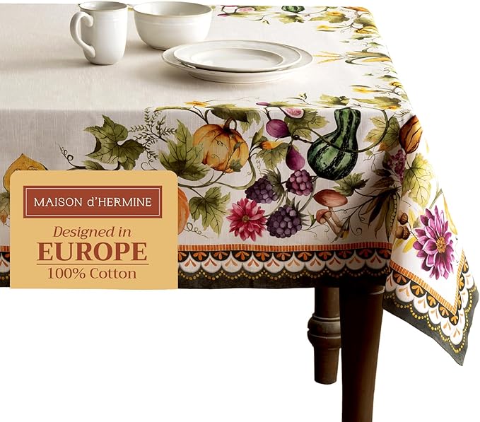 Maison d' Hermine Table Cloth Square Table 100% Cotton 60 x 60 Inches Fall Tablecloth Reusable Everyday Use for Thanksgiving Christmas Decorations Dining Farmhouse (Pumpkin Garden - Cloudy Cream)