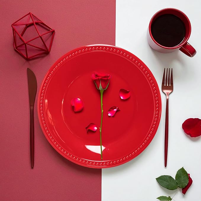 Melamine Beaded Dinner Plate Set of 6, 11inch, BPA Free, Platter, Serving Dishes, Chip & Break Resistant, Lightweight, Durable, Red Melamine Dishes Set for Valentine's Day, Weddings & Everyday Meals