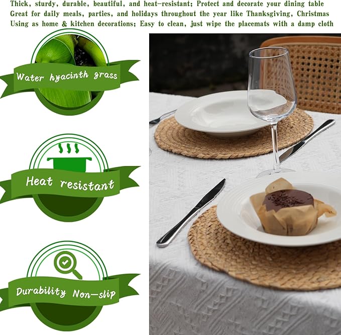ANDSTAR Round Woven Placemats Set of 6, 12"x12", Natural Wicker Placemats, Water Hyacinth Straw Braided Placemats,Boho Place Mats for Farmhouse, Rustic Table (Water Hyacinth in Natural Color)