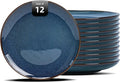 Organic Shape Highland Ceramic Dinner Plates, 12pcs 10.5 Inch Handmade Reactive Glaze Stoneware Plates with Wavy Edge, for Kitchen, Microwave & Dishwasher Safe, Scratch Resistant-Blue