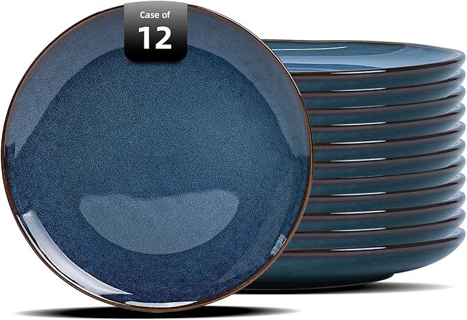 Organic Shape Highland Ceramic Dinner Plates, 12pcs 10.5 Inch Handmade Reactive Glaze Stoneware Plates with Wavy Edge, for Kitchen, Microwave & Dishwasher Safe, Scratch Resistant-Blue