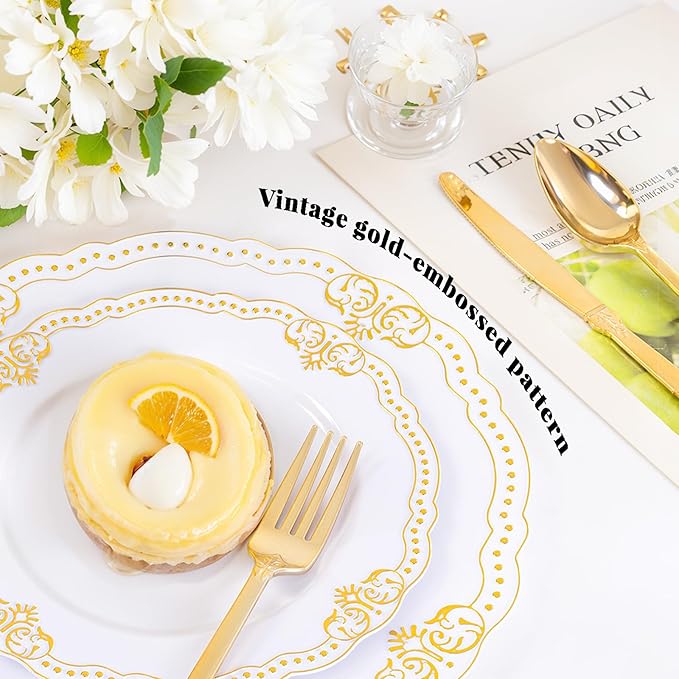 Ciaell 350 PCS Gold Plastic Plates - White and Gold Plates - Gold Disposable Plates Include 50 Disposable Plate, 150 Heavy Duty Silverware, 50 Cups, 50 Napkins for Wedding & Party