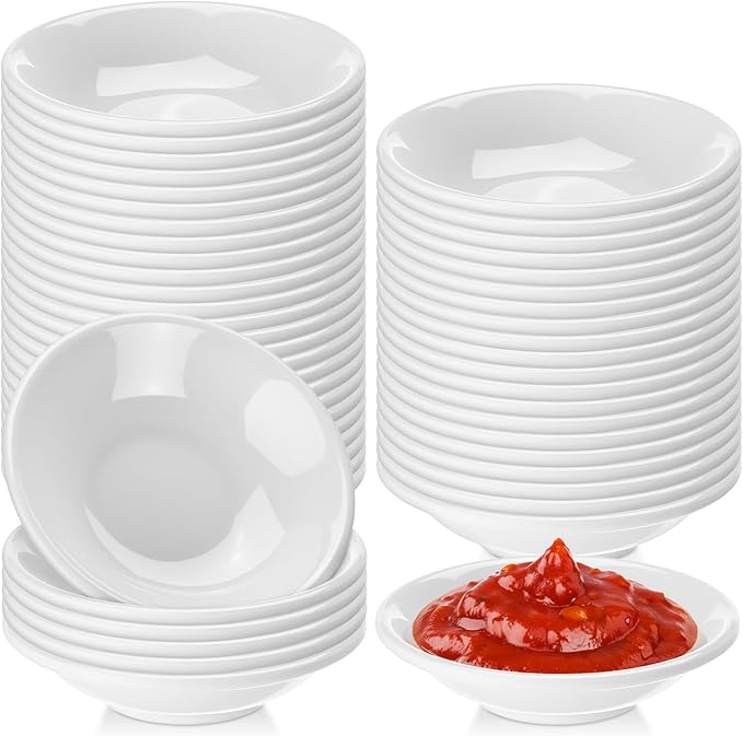 Mimorou 50 Pcs Soy Sauce Dish White Dipping Bowls Bulk, 1.2 oz Asian Small Sauce Bowls for Sushi, Ketchup, Vinegar, Olive Oil, Soy, Spices, BBQ Chip and Dip Serving Bowl Set Gift (Resin)