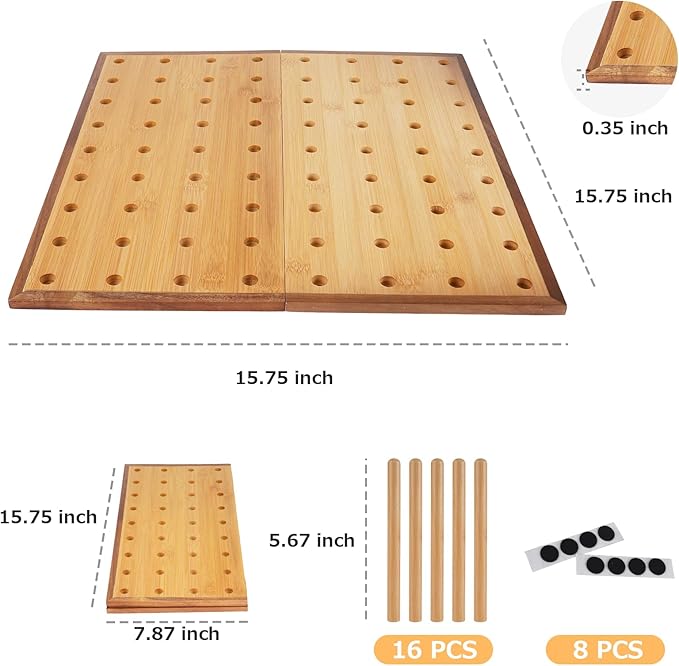 Foldable Pegboard Organizer for Kitchen – Bamboo Base & Acacia Wood Edge Dish Rack for Kitchen Countertop, Cabinet, and Drawer, 16 Removable Pegs, 15.7" x 15.7"
