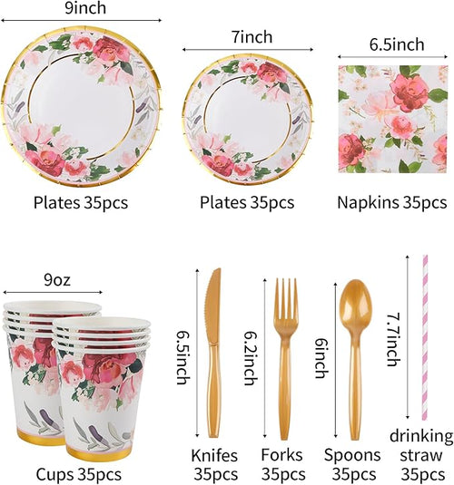 280PCS Floral Paper Plates and Napkins Party Supplies for 35 Guests Disposable Tableware with Plates Napkins Cups Cutlery Straws for Bridal Shower Birthday Party